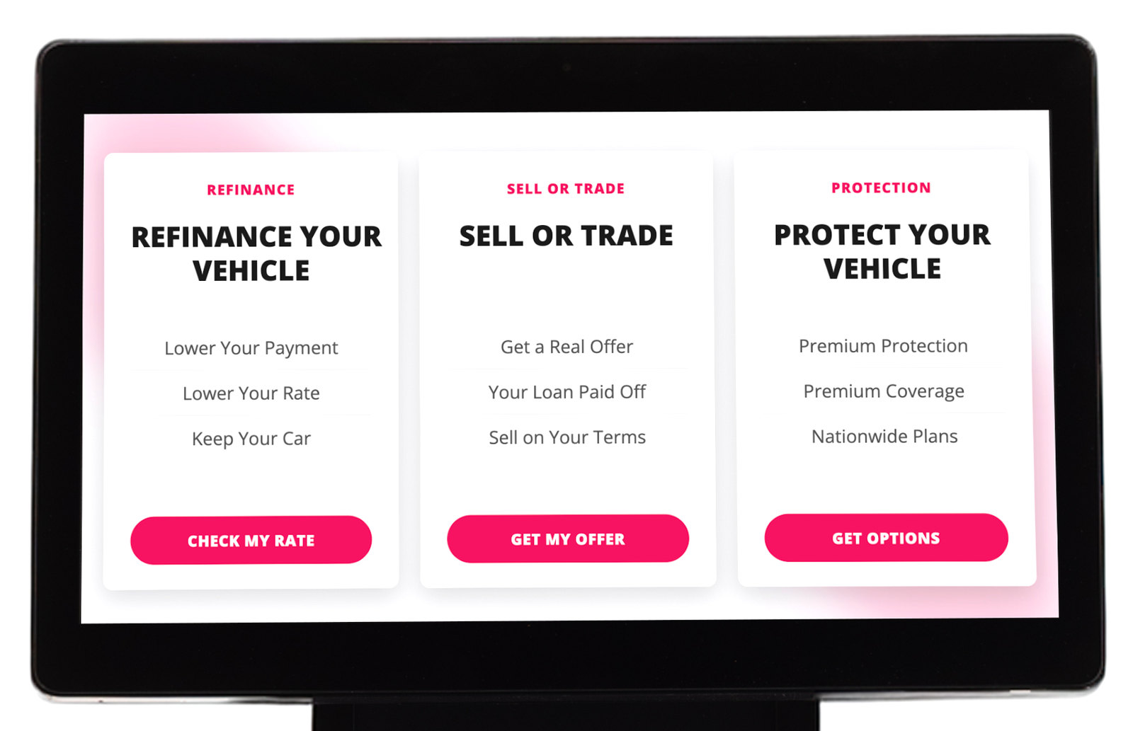 The kiosk display at close range, showing three offers: refinance your vehicle, sell or trade, and protect your vehicle.